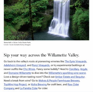 Ambar Mentioned in Travel + Leisure - Waterfall and text of the mention.