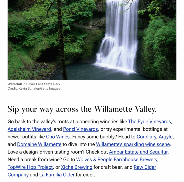 Ambar Mentioned in Travel + Leisure - Waterfall and text of the mention.