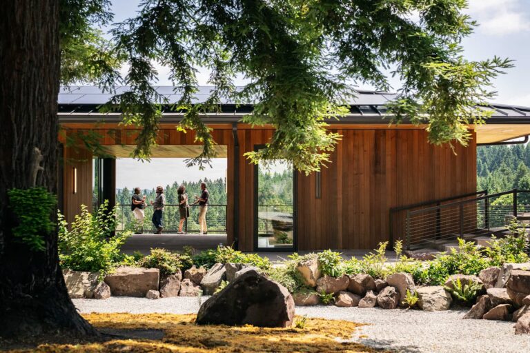 Visitors at Ambar Estate's organic vineyard tasting room in Oregon