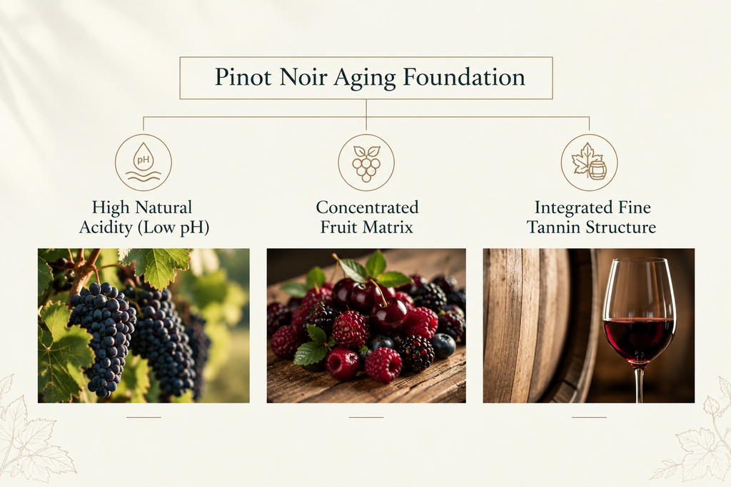 Pinot Noir aging foundation infographic highlighting three key elements: high natural acidity (low pH), concentrated fruit matrix, and integrated fine tannin structure.