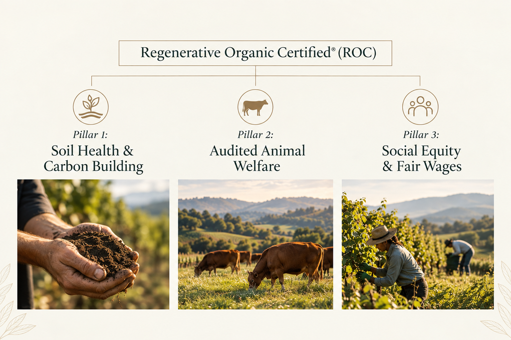 Regenerative Organic Certified® (ROC) framework showing three pillars: soil health and carbon building, audited animal welfare, and social equity and fair wages.