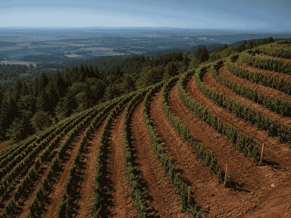Vineyard terraces and forested Dundee Hills