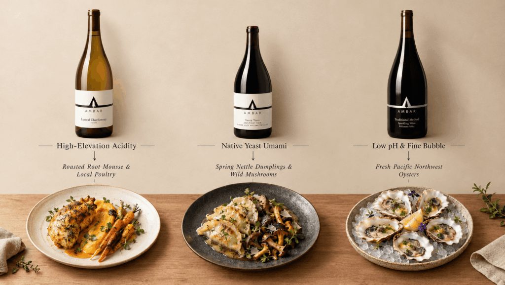 Luxury wine and food pairing display featuring three Ambar wines with roasted poultry, wild mushroom dumplings, and Pacific Northwest oysters.