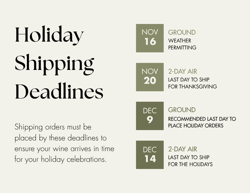 Holiday Shipping Deadlines: Ground, weather permitting, Nov 16. 2-Day Air, last day to ship for Thanksgiving, Nov 20. Ground, recommended last day to place holiday orders, Dec 9. 2-Day Air, last day to ship for the holidays, Dec 14.